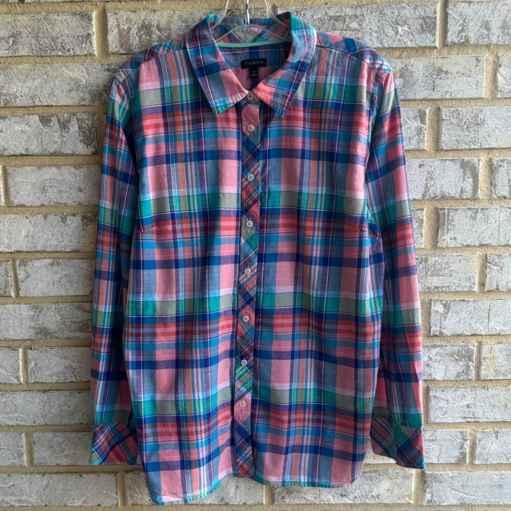 Talbots Long Sleeve Button Up Collared Multicolor Plaid Shirt Women's Size XL